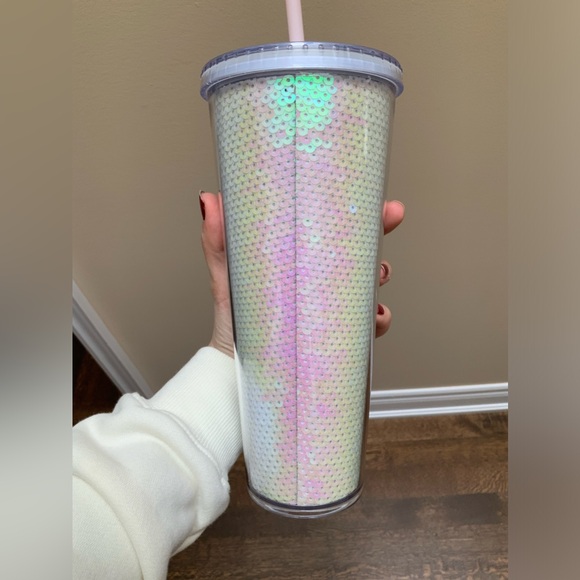 STARBUCKS Pink & White Sequin Glitter Cold Cup Tumbler Holiday 2020 - 24oz - Picture 9 of 11